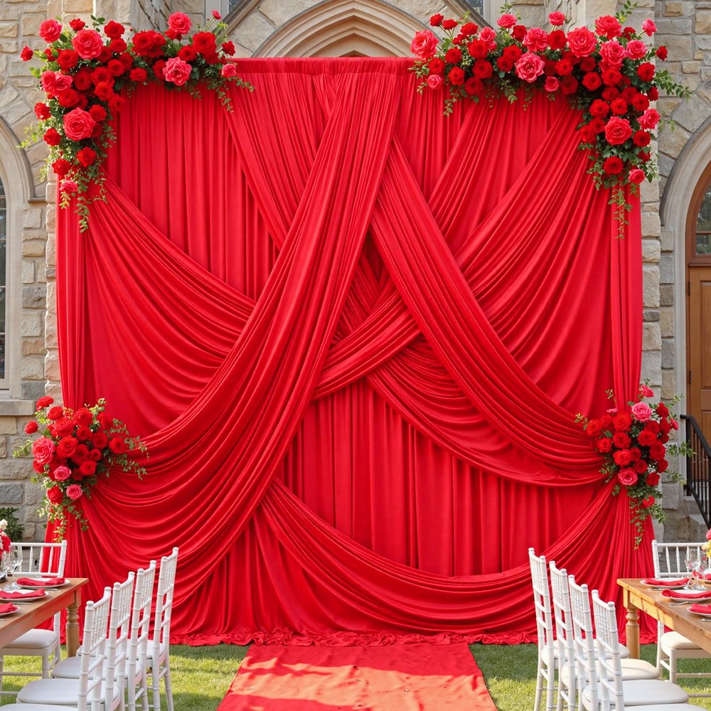 10ft12ft Red Backdrop Curtain for Wedding Parties, 2 Panels Wrinkle Free Polyester Photo Backdrop Drapes Back Drop Cloth for Memorial Day Birthday Photography Background