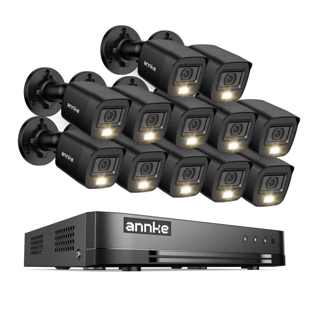ANNKE 2MP Security Camera System, 16CH 2MP Lite DVR Recorder with AI Motion Detection, 12x 1080P (19201080) Add-on Wired Black Cams with Smart Color Night Vision, IP67, 3.6mm Lens, No Hard Drive