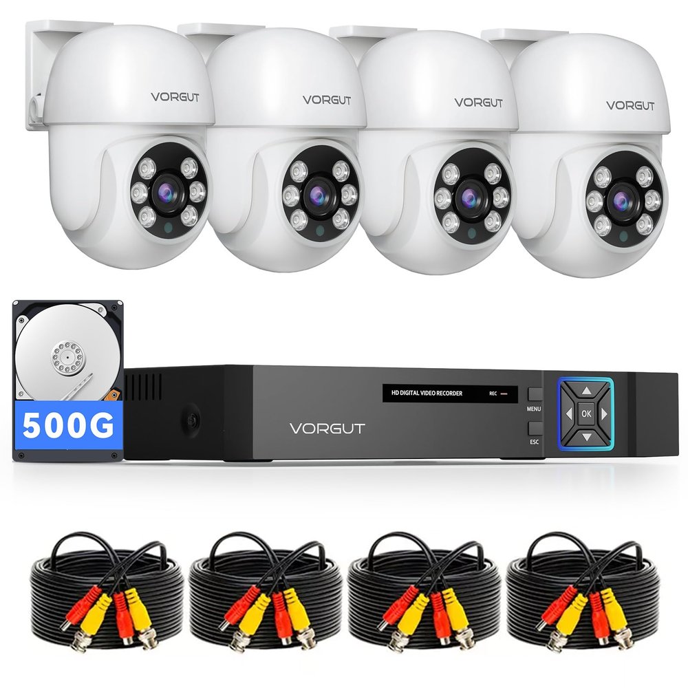 VORGUT Wired Security Camera System Outdoor, 4pcs Pan/Tilt CCTV Cameras and 4CH 5MP Lite AHD TVI DVR (500GB HDD), 360 View Surveillance DVR Kit, Motion Detection, 24/7 Recording, Remote Access