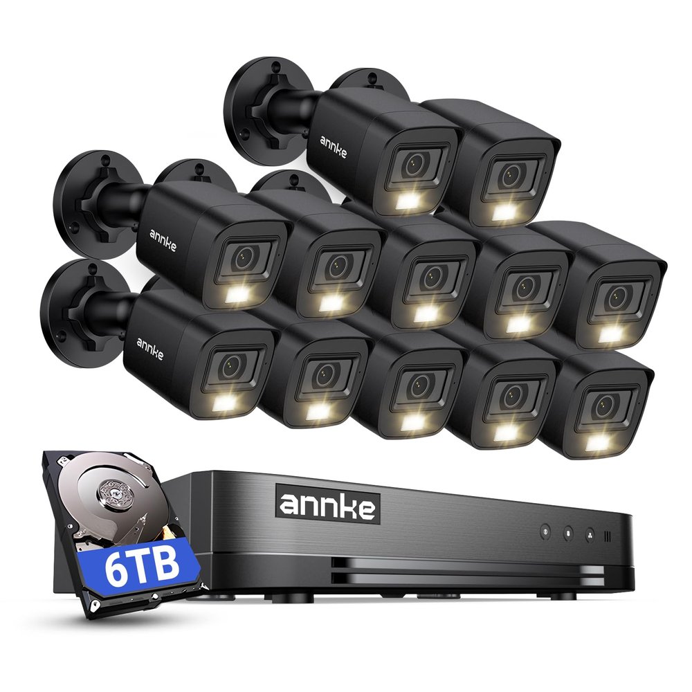 ANNKE 2MP Security Camera System, 16CH 2MP Lite DVR Recorder with AI Motion Detection, 12x 1080P (19201080) Add-on Wired Black Cams with Smart Color Night Vision, IP67, 3.6mm Lens, 6TB Hard Drive