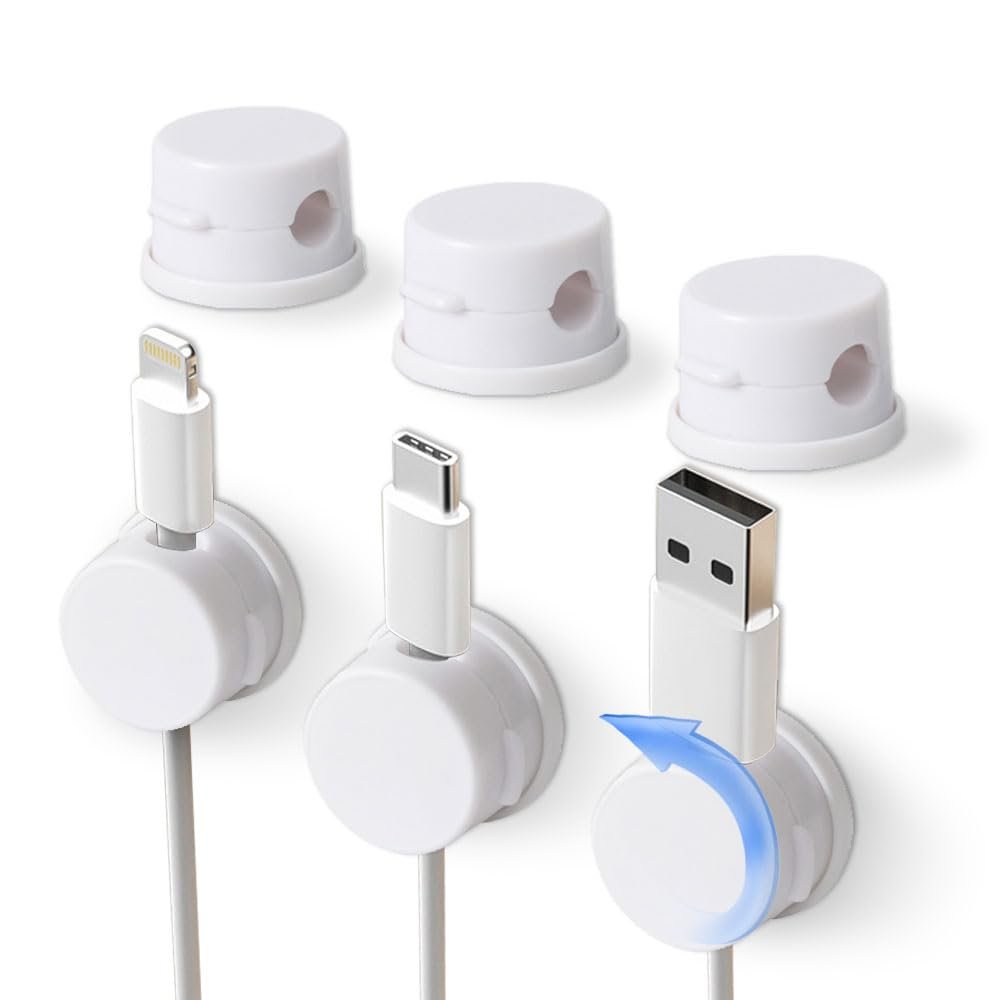 360 Rotatable Cord Organizer Magnetic Cable Clips Adhesive Cable Management Holders for Desk, Car, Nightstand 6 Pack (White)
