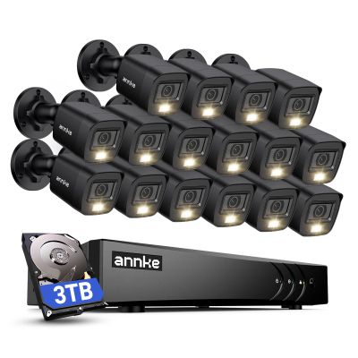 ANNKE 2MP Security Camera System, 16CH 3K Lite DVR Recorder with AI Motion Detection, 16x 1080P (19201080) Add-on Wired Black Cams with Smart Color Night Vision, IP67, 3.6mm Lens, 3TB Hard Drive