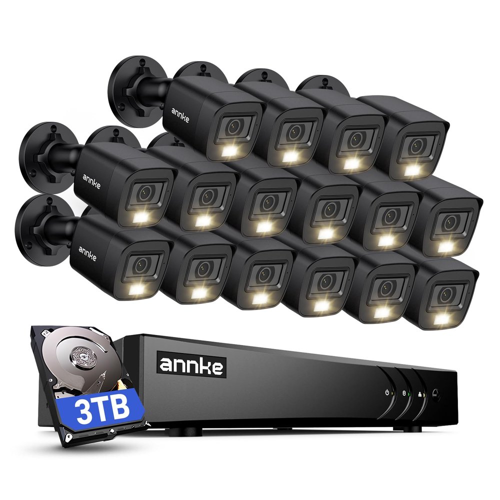 ANNKE 2MP Security Camera System, 16CH 3K Lite DVR Recorder with AI Motion Detection, 16x 1080P (19201080) Add-on Wired Black Cams with Smart Color Night Vision, IP67, 3.6mm Lens, 3TB Hard Drive