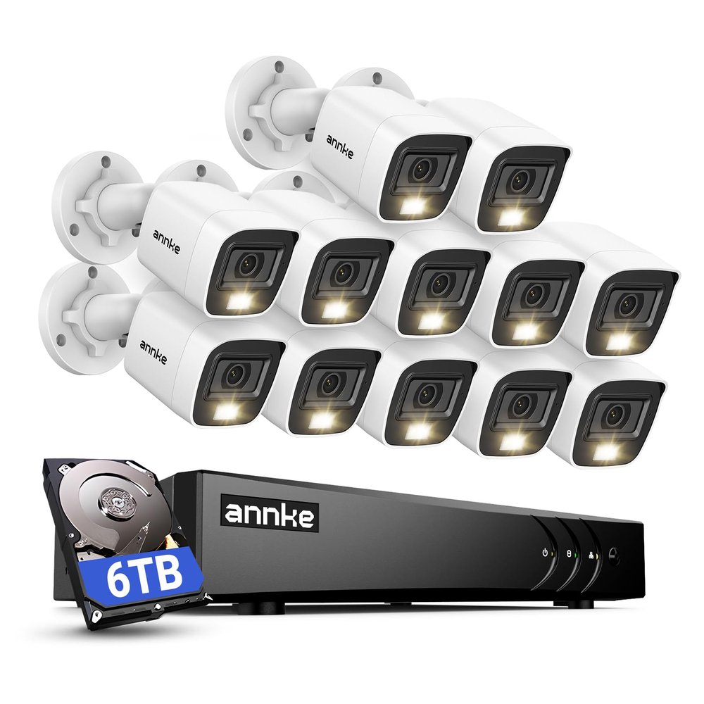 ANNKE 2MP Security Camera System, 16CH 3K Lite DVR Recorder with AI Motion Detection, 12x 1080P (19201080) Add-on Wired White Cams with Smart Color Night Vision, IP67, 3.6mm Lens, 6TB Hard Drive