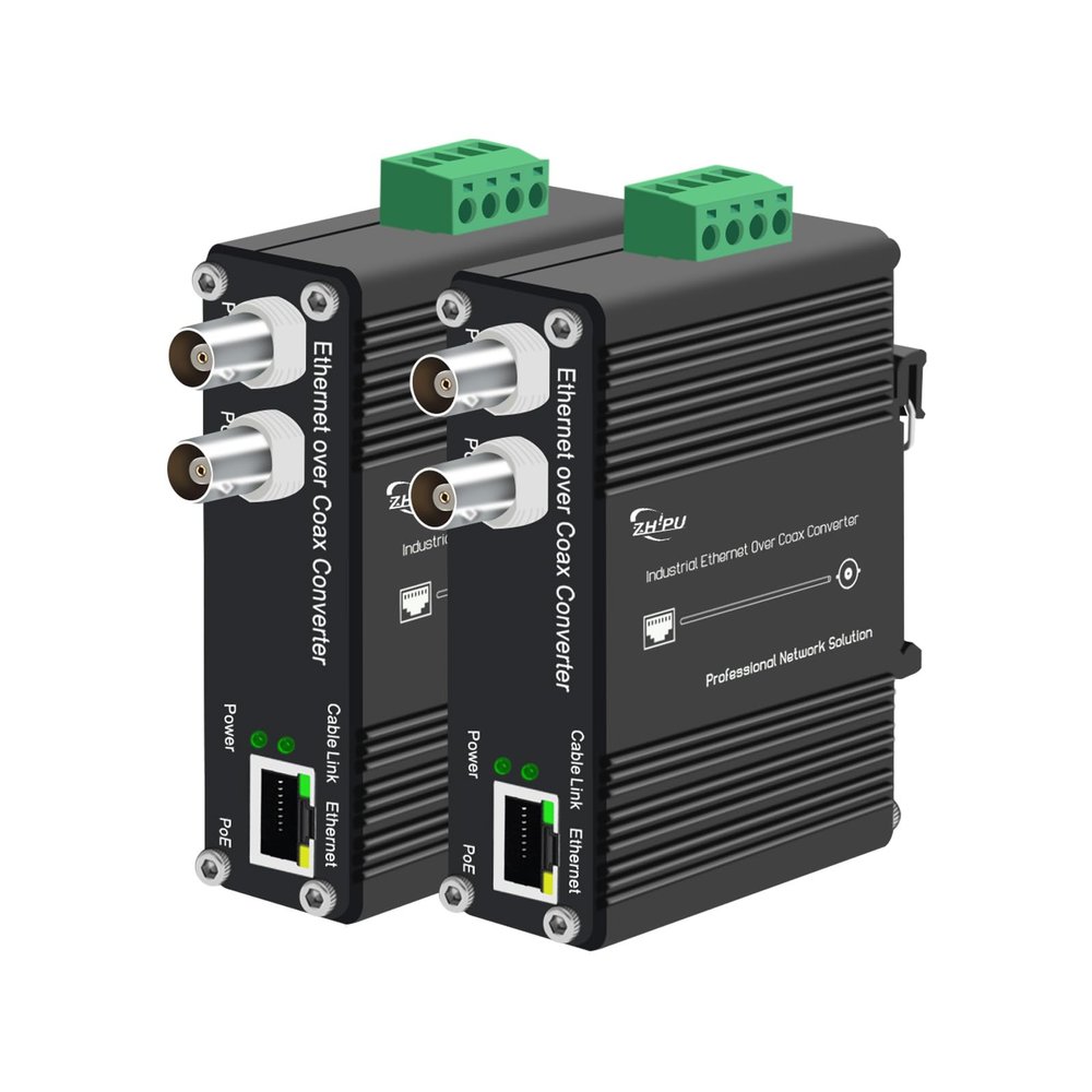 Zhpuostd EOC Converter, Ethernet Over Coaxial Adapter with PoE+ & DIN-Rail Mount, Extend IP Camera Network 300m via Existing Coaxial Cable, Plug and Play for CCTV Security System, a Pair