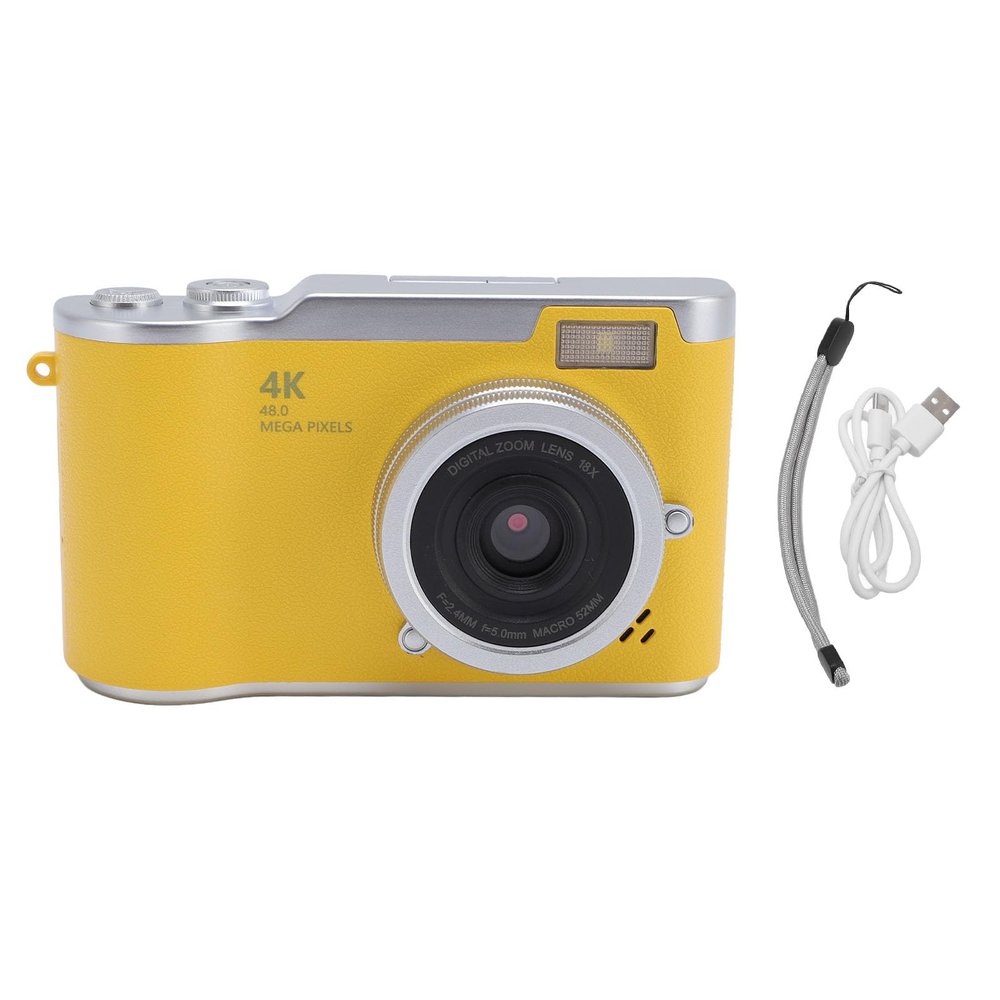 Compact Digital Camera 4K 48MP 18x Zoom Auto Focus 2.4 Inch Screen Built in Fill Light Students Camera for Daily Travel (Yellow)