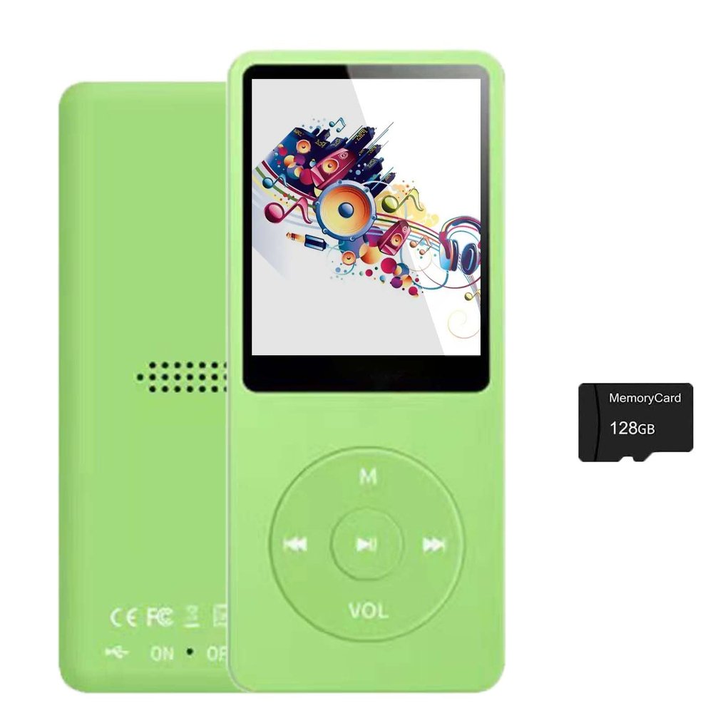 128GB MP3 Player with Bluetooth 5.2, Portable Green Music Player for Kids with Built-in HD Speaker, FM Radio, Voice Recorder, Earphones Included