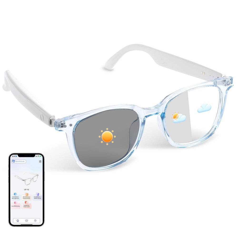 Smart Translation Glasses Integrated with ChatGPT, Support 160+ Languages, Real-time Translation via APP, Photochromic Lenses, Open-ear Design, AI Bluetooth Glasses Suit for Indoor Outdoor(Blue)