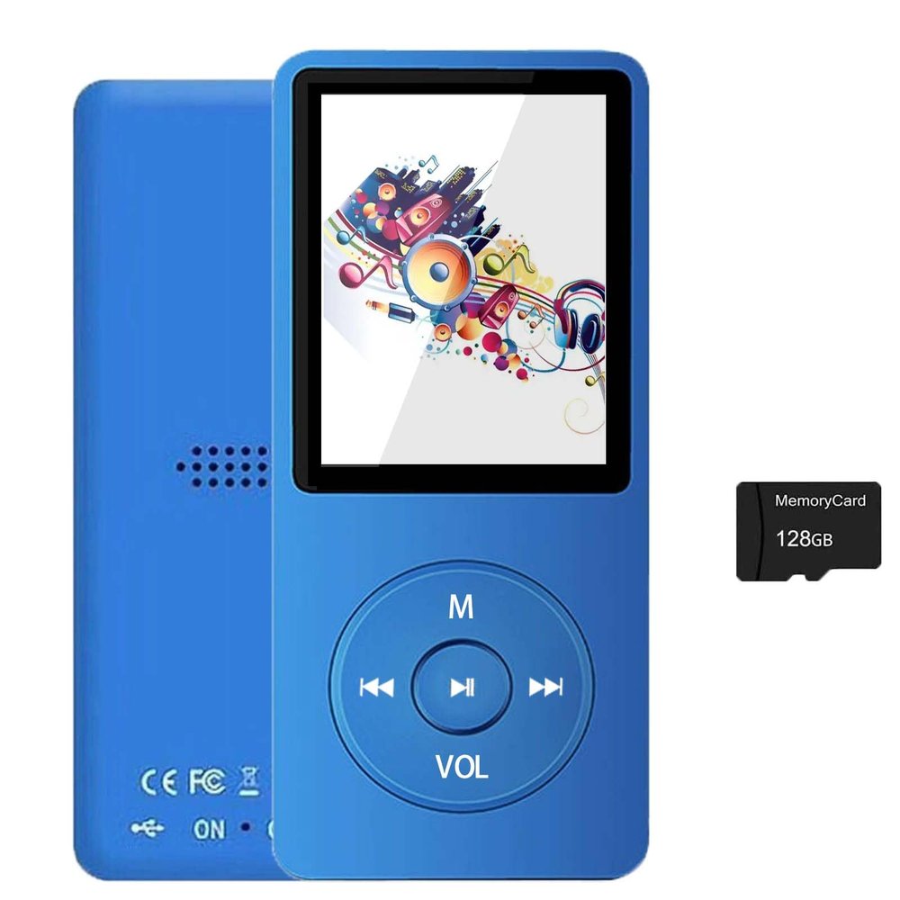 128GB MP3 Player with Bluetooth 5.2, Portable Blue Music Player for Kids with Built-in HD Speaker, FM Radio, Voice Recorder, Earphones Included