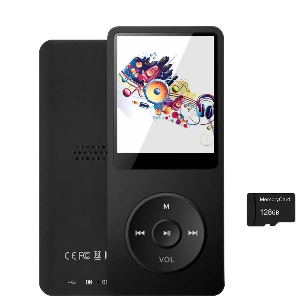 128GB MP3 Player with Bluetooth 5.2, Portable Black Music Player for Kids with Built-in HD Speaker, FM Radio, Voice Recorder, Earphones Included