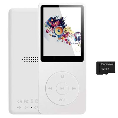 128GB MP3 Player with Bluetooth 5.2, Portable White Music Player for Kids with Built-in HD Speaker, FM Radio, Voice Recorder, Earphones Included