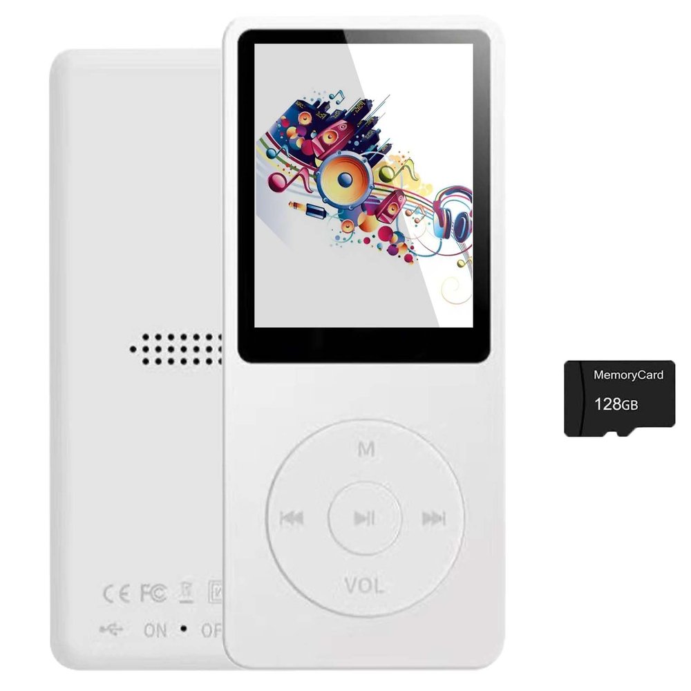 128GB MP3 Player with Bluetooth 5.2, Portable White Music Player for Kids with Built-in HD Speaker, FM Radio, Voice Recorder, Earphones Included
