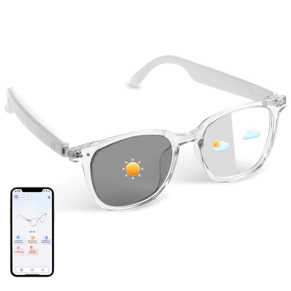 Smart Translation Glasses Integrated with ChatGPT, Support 160+ Languages, Real-time Translation via APP, Photochromic Lenses, Open-ear Design, AI Bluetooth Glasses Suit for Indoor Outdoor(White)