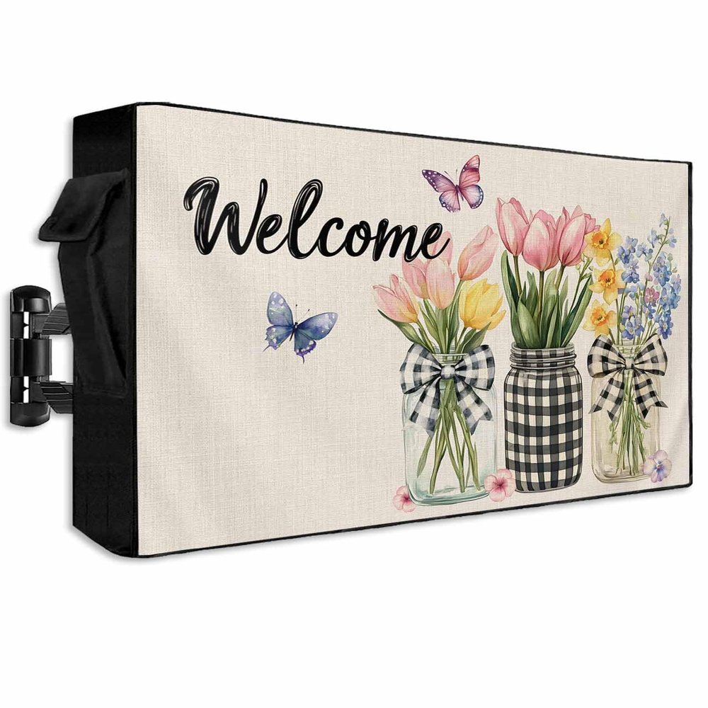 EZON-CH Outdoor TV Cover 52-55 Inches Daffodils, Waterproof and Weatherproof, TV Screen Protector with Remote Control Pocket for Outside Flat Screen Televisions