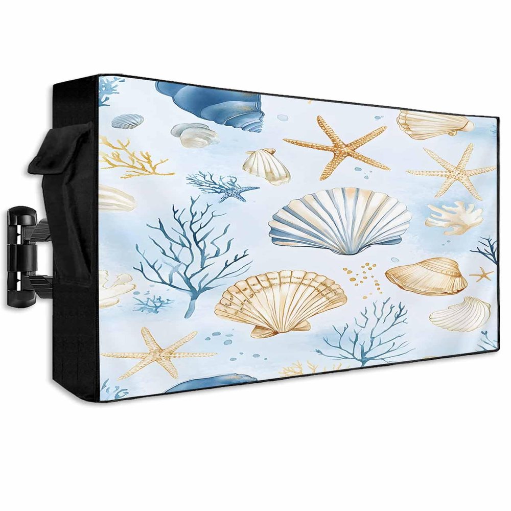 EZON-CH Outdoor TV Cover 52-55 Inches Sea Ocean Shell Coral Starfish, Waterproof and Weatherproof, TV Screen Protector with Remote Control Pocket for Outside Flat Screen Televisions
