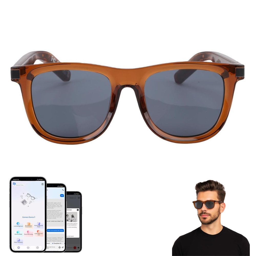 AI Smart Glasses for Men Women, Bluetooth Translation Glasses with 169 Language, Auto On/Off by Wearing Sensor, Wide Face, UV400 polarized lens, Audio Smart Sunglasses for Travel Meeting Sports-Brown