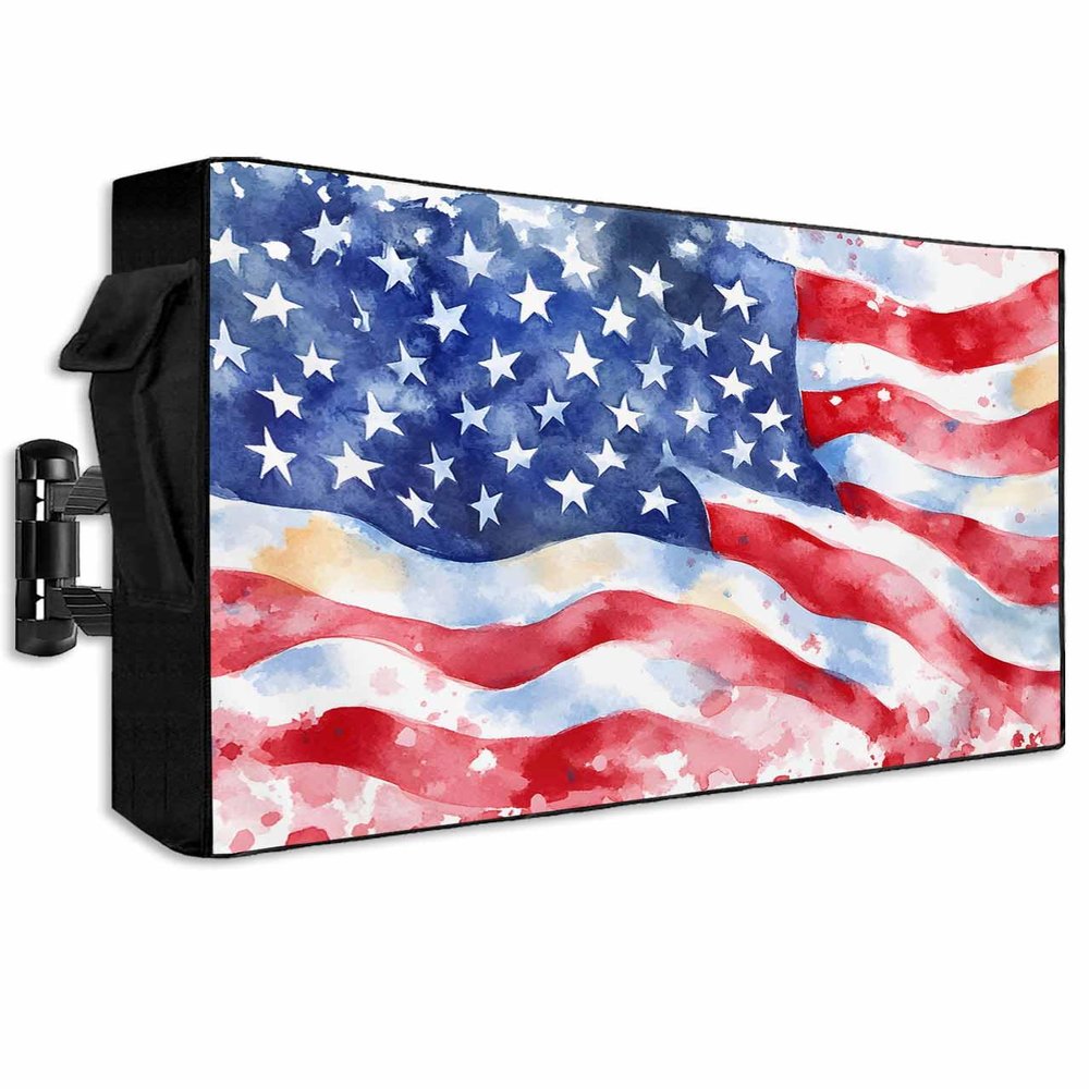 EZON-CH Outdoor TV Cover 70-75 Inches Independence Day Watercolor American Flag, Waterproof and Weatherproof, TV Screen Protector with Remote Control Pocket for Outside Flat Screen Televisions