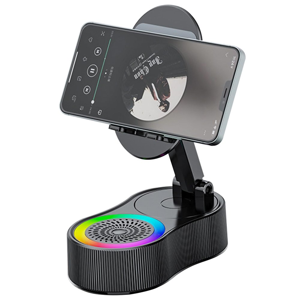 Phone Stand with Wireless Induction Bluetooth Speaker RGB Colorful Ambient Light FM Radio HD Surround Sound for Home Office Desktop Adjustable Foldable Holder for Phone Tablet