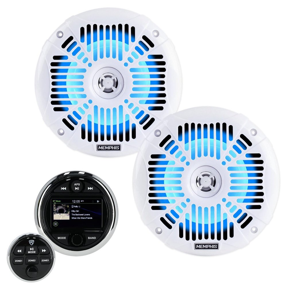 Audiosavings Bundle: (1) Rockville RGHR48A 4 Zone Marine Gauge Hole Receiver Bluetooth App Control+Remote Bundle with (1) Pair Memphis Audio MXA602SLW 80w 6.5" LED Speakers (2 Items)