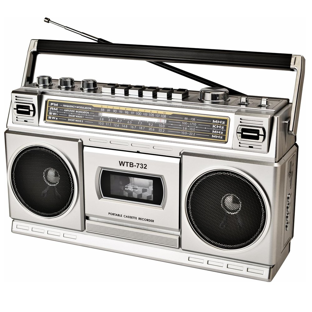 Retro Classic 80s Style Portable Boombox with Cassette Player Recorder, AM/FM/SW1/SW2 Radio, Bluetooth, USB/Micro SD Slots, Headphone Jack, 24W Dual Full-Range High Bass Speakers