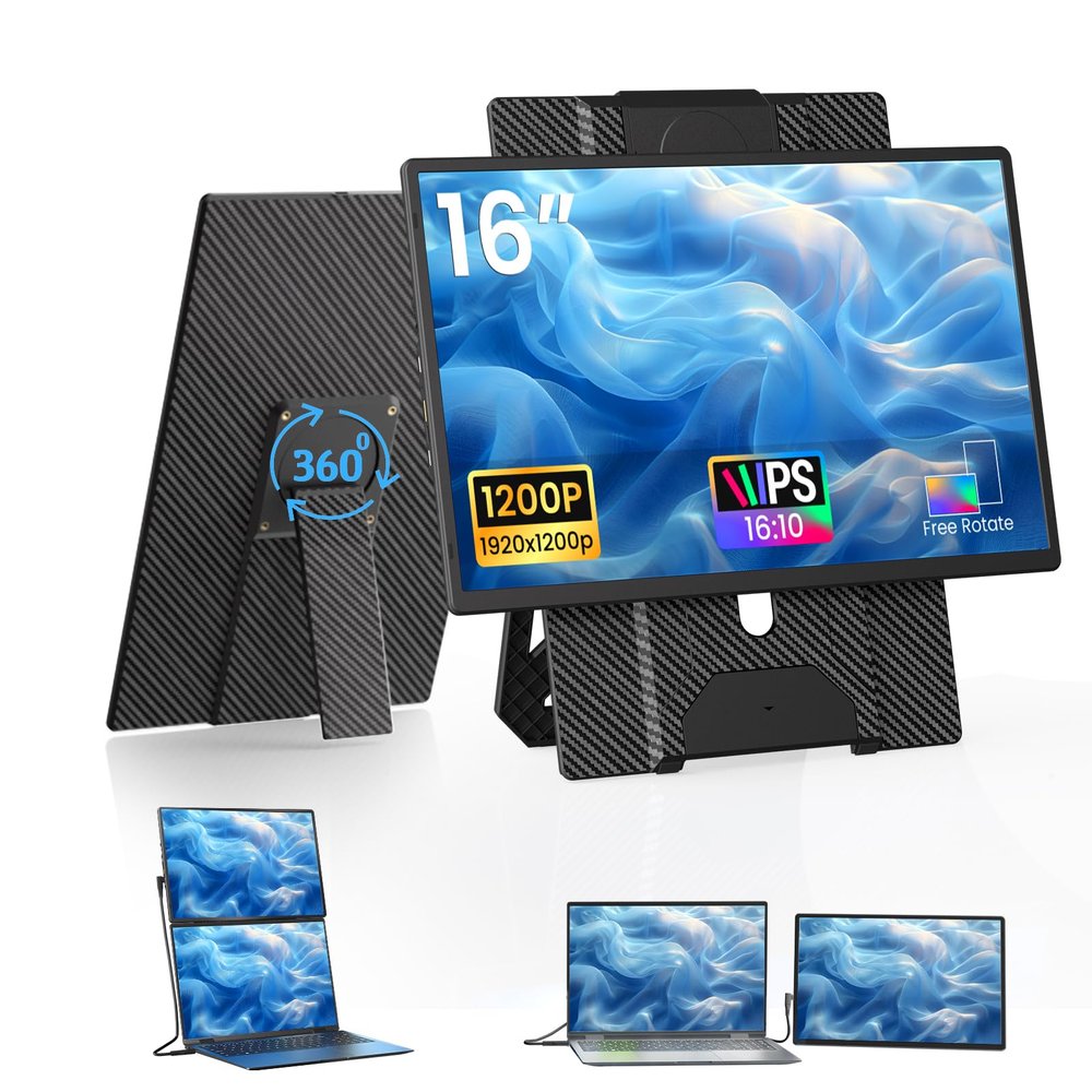 DZVW Laptop Screen Extender Portable Monitor - Dual 16" 1200P FHD Travel Monitor Fit for 13-17" Laptops Plug & Play 360 Rotating Detachable Stand Height Adjustable for Travel/Work/Study