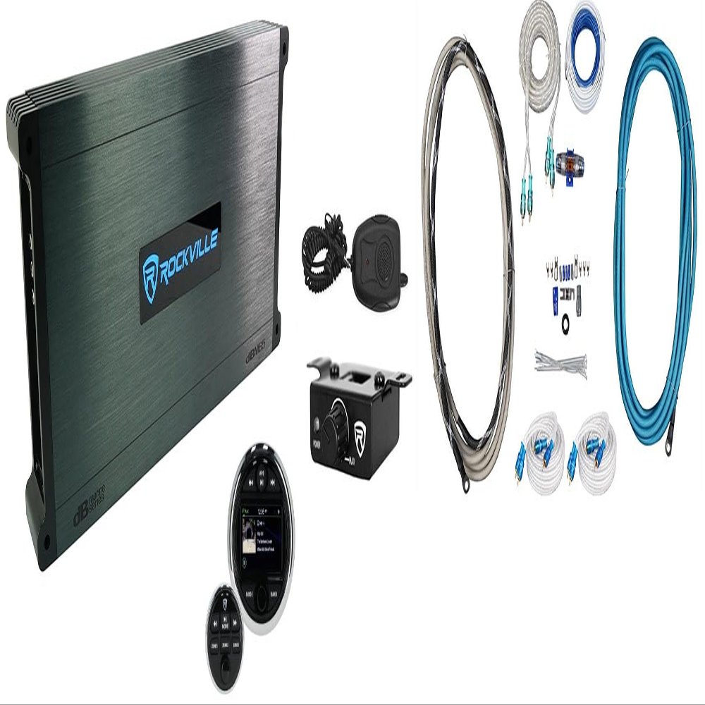 Rockville Bundle: (1) RGHR48A 4 Zone Marine Receiver+Remote Bundle with (1) DBM65 6-Ch 2600w Amplifier+(1) RMWK4 4 AWG Gauge Install Wire Kit+(2) MRCA25 25 Foot Marine RCA Cable (5 Items)