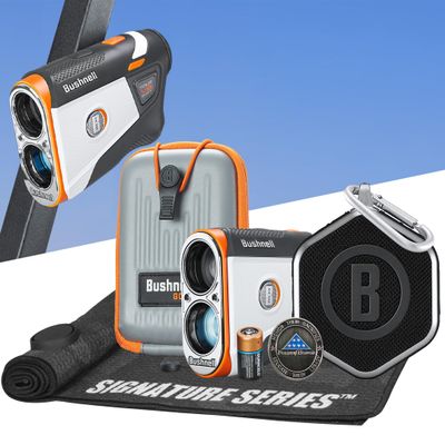 Bushnell Golf Patriot Player Pack with Tour V6 Shift Rangefinder with Slope, Premium Case, Wingman Mini GPS Speaker, Ball Marker & Signature Series Towel - Ultimate Golf Course GPS Caddie Bundle