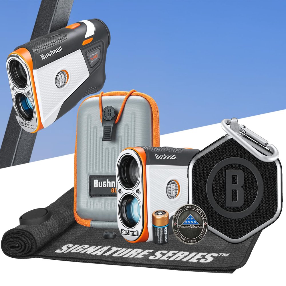 Bushnell Golf Patriot Player Pack with Tour V6 Shift Rangefinder with Slope, Premium Case, Wingman Mini GPS Speaker, Ball Marker & Signature Series Towel - Ultimate Golf Course GPS Caddie Bundle