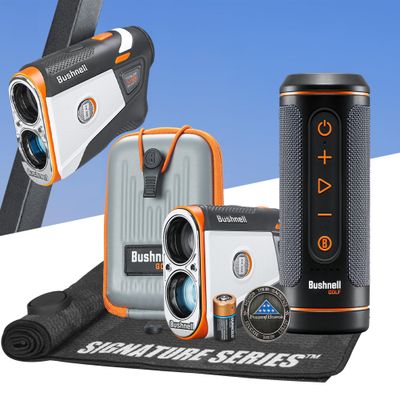 Bushnell Golf Patriot Player Pack with Tour V6 Shift Rangefinder with Slope, Premium Case, Wingman 2 GPS Speaker, Ball Marker & Signature Series Towel - Ultimate Golf Course GPS Caddie Bundle