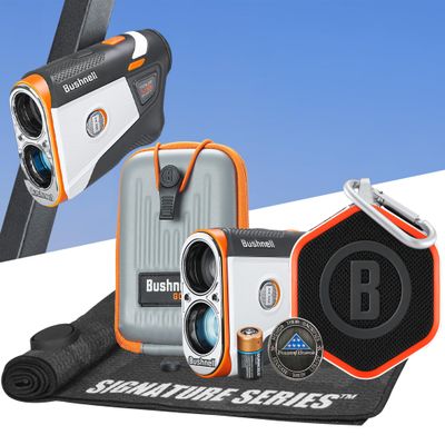 Bushnell Golf Patriot Player Pack with Tour V6 Shift Rangefinder with Slope, Premium Case, Wingman Mini GPS Speaker, Ball Marker & Signature Series Towel - Ultimate Golf Course GPS Caddie Bundle