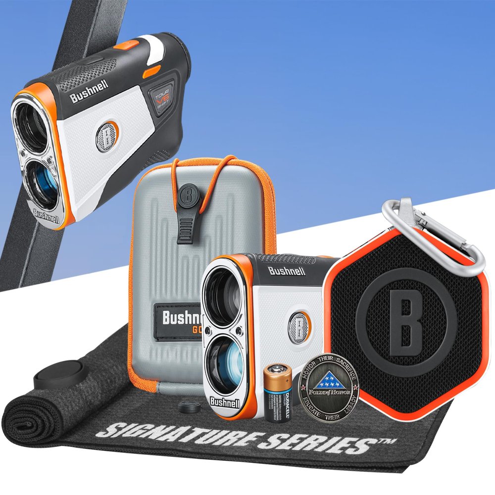 Bushnell Golf Patriot Player Pack with Tour V6 Shift Rangefinder with Slope, Premium Case, Wingman Mini GPS Speaker, Ball Marker & Signature Series Towel - Ultimate Golf Course GPS Caddie Bundle