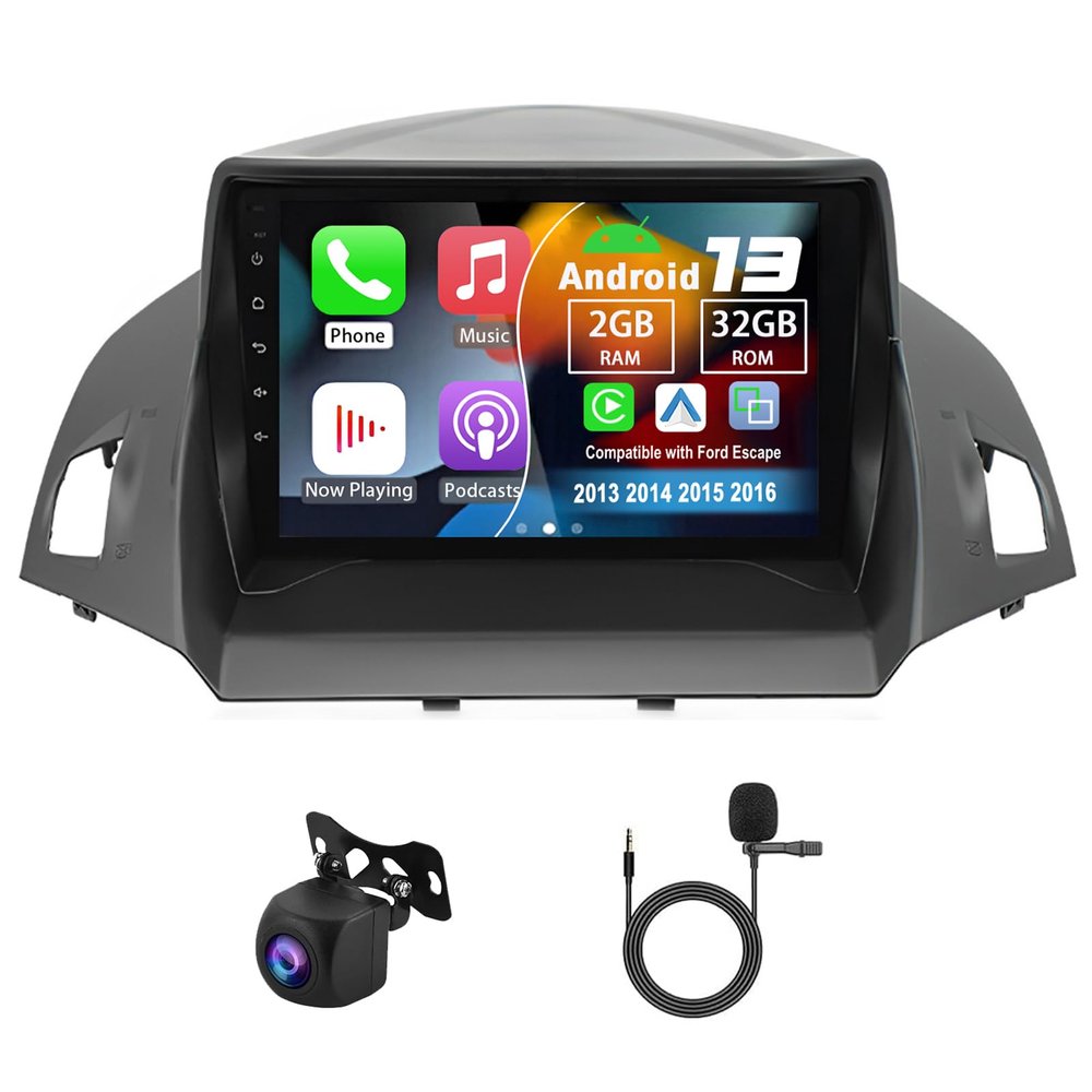 Slakerbe Android 13 Double Din Car Radio Compatible with Ford Escape 2013 2014 2015 2016, 2G+32G 9" Touch Screen Car Stereo with Wireless Carplay Android Auto GPS WiFi Mic Backup Camera