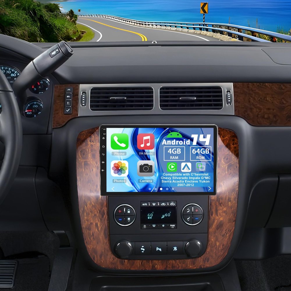 Slakerbe Android 14 Car Radio Compatible with Chevy Tahoe Suburban Silverado GMC Yukon Sierra 2007-2013, 4G+64G 9" Car Stereo with Wireless Carplay Android Auto GPS WiFi Mic Backup Camera
