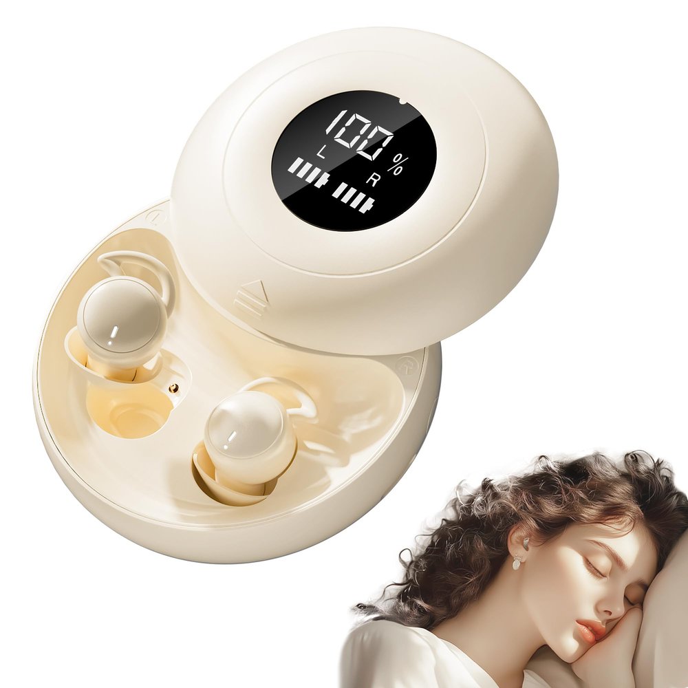 sunvito Sleep Earbuds for Side Sleepers, Mini Invisible Wireless Bluetooth 5.4 Micro Sleep Headphones, Hidden Earbuds with LED Screen for Small Ears Sleeping, Exercise, Working, Hiking (Beige)