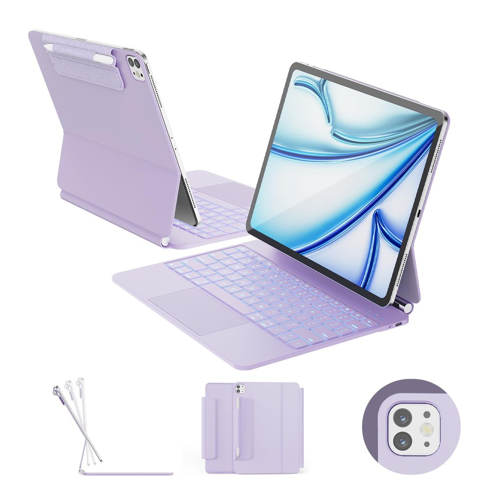 RAYMCRAFT for iPad Air 13-inch Case with Keyboard (M3,2025 / M2,2024), iPad Pro 12.9 (6th/5th/4th/3rd Gen) Magic Keyboard, Springy Backlit Keys, Stain-Resistant Surface, Multi-Touch Trackpad, Purple