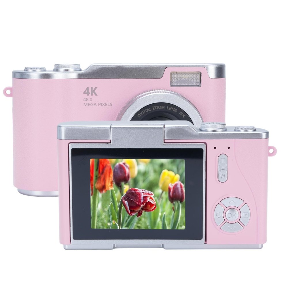 48MP Digital Zoom Camera, 1080P Resolution, 18X Electronic Zoom with LED Fill Light, for Selfie Taking and Content Previewing (Pink)