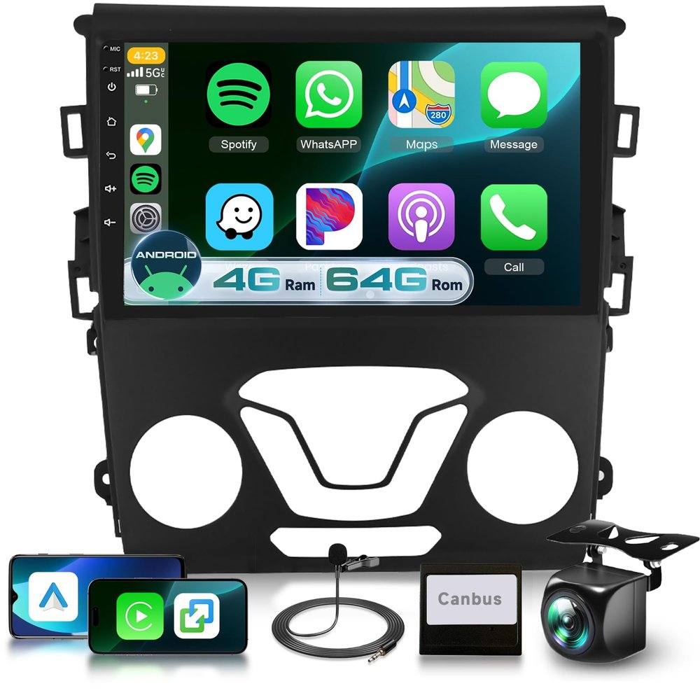 4G+64G Car Radio Stereo for Ford 2013 2014 2015 2016 2017 2018 2019 Fusion Mondeo with DSP/Wireless Carplay/Android Auto, 9" Touchscreen Radio Bluetooth 5.0 FM/RDS GPS WiFi SWC Backup Camera