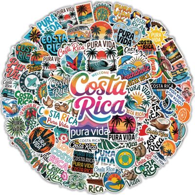64pcs Costa Rica Stickers - Pura Vida Sticker Waterproof Decals for Water Bottles Laptop Luggage Computer Scrapbooking Teens Adults Girls Kids Funny Party Birthday Decorations