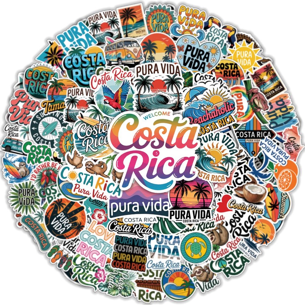 64pcs Costa Rica Stickers - Pura Vida Sticker Waterproof Decals for Water Bottles Laptop Luggage Computer Scrapbooking Teens Adults Girls Kids Funny Party Birthday Decorations
