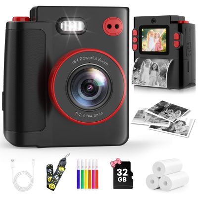 Instant Print Camera for Kids - Classic Black Digital Camera for 3-12 Year Olds, 1080P HD with 32GB SD Card, Selfie Mode & Durable Design, Ideal Christmas Birthday Gift, Portable Travel Toy