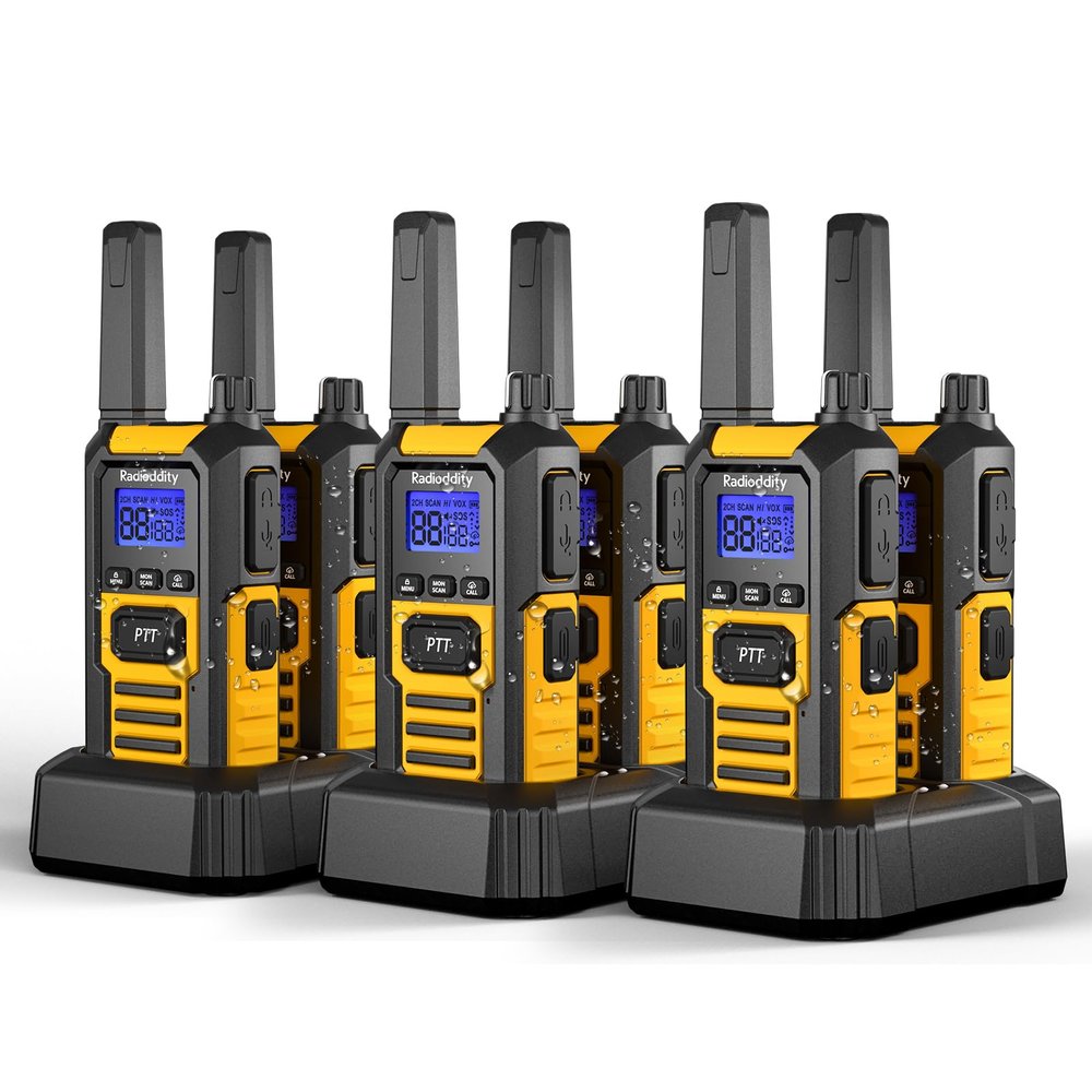Radioddity HD-1 IP67 Heavy Duty Walkie Talkies, Waterproof Dustproof Shockproof Long Range Two Way Radio with One-Key Group Call, Vibrate Alert, SOS, Dual PTT, USB-C Charging for Hunting, 6 Packs