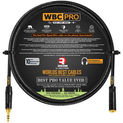 4 Foot - WBC-PRO-Quad-MINI Ultra-Silent Ultra-Flexible Balanced Mini-Star-Quad Auxiliary Cable with Neutrik-Rean 3.5mm Gold Mini TRS Male & Female Plugs