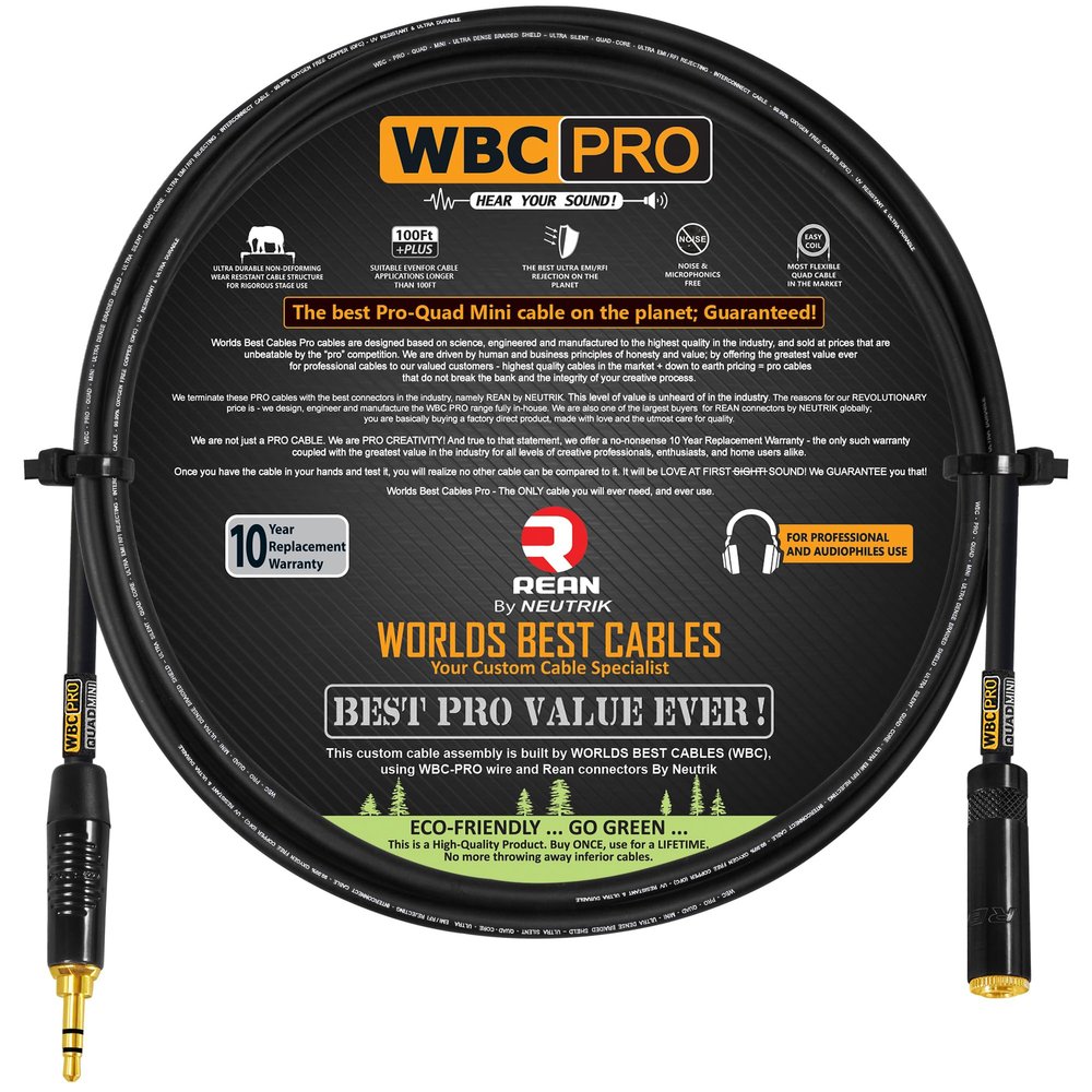 4 Foot - WBC-PRO-Quad-MINI Ultra-Silent Ultra-Flexible Balanced Mini-Star-Quad Auxiliary Cable with Neutrik-Rean 3.5mm Gold Mini TRS Male & Female Plugs