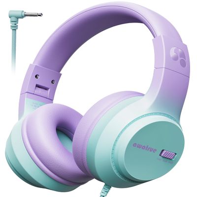 awatrue Kids Headphones, 74/85/94dB Volume Limiter, Foldable Wired Over Ear Headphones for Travel, 3.5mm Jack, Toddler Headphones for School, Chromebook, iPad, Tablet, Purple Green