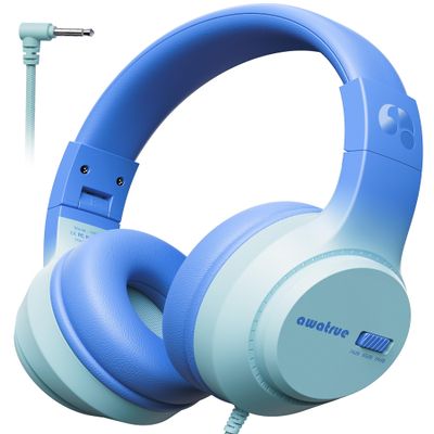 awatrue Kids Headphones, 74/85/94dB Volume Limiter, Foldable Wired Over Ear Headphones for Travel, 3.5mm Jack, Toddler Headphones for School, Chromebook, iPad, Tablet, Blue