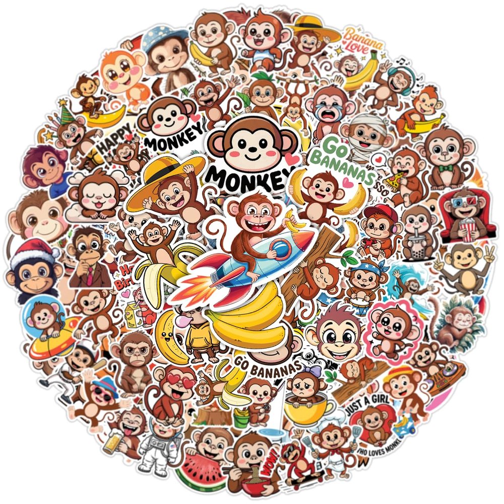 100pcs Monkey Stickers - Cartoon Animals Sticker Waterproof Decals for Water Bottles Laptop Luggage Computer Scrapbooking Teens Adults Girls Funny Party Birthday Decorations