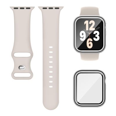 Compatible for Apple Watch Band 44mm 45mm and Case with Screen Protector, Soft Silicone Sport Strap Bands and Protective Cover with Tempered Glass for iWatch Series 9 8 7 SE 6 5 4
