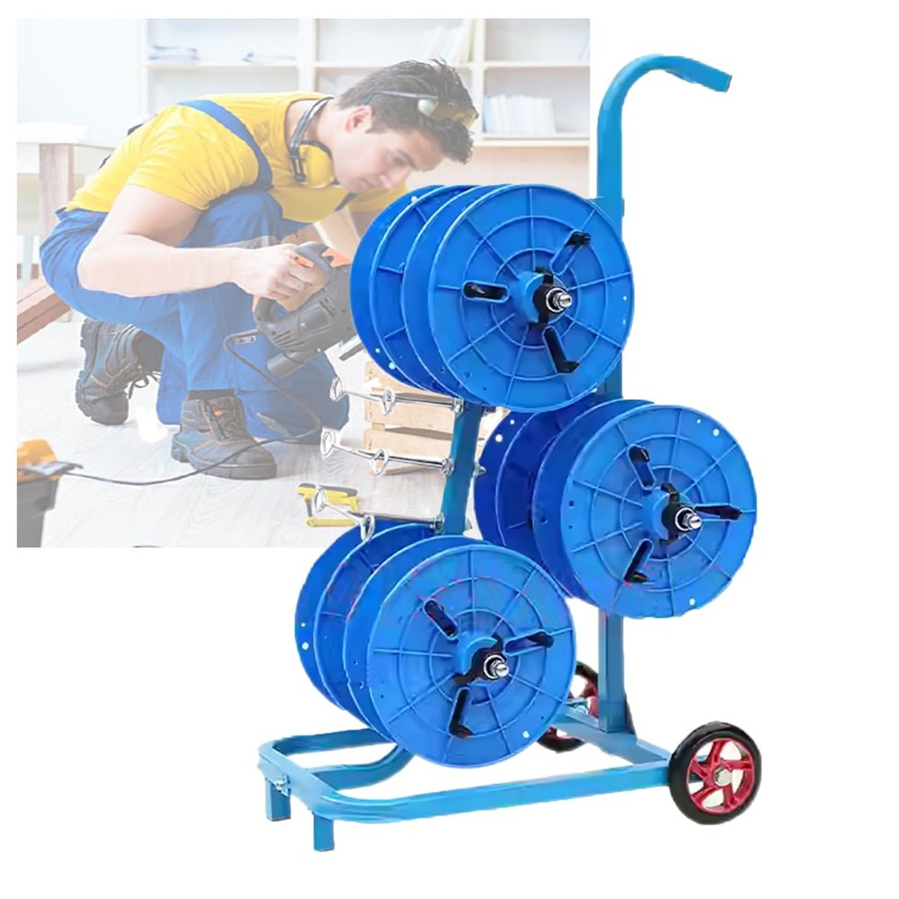 ZDMEI Wire Spool Rack,Multi-Axle Reel Dispenser with 2 Moving Pulleys,Heavy Duty Reel Display Stand for Cable Pullers and Tube Reels Cable Pulling Tools(Blue,38x63x96cm)