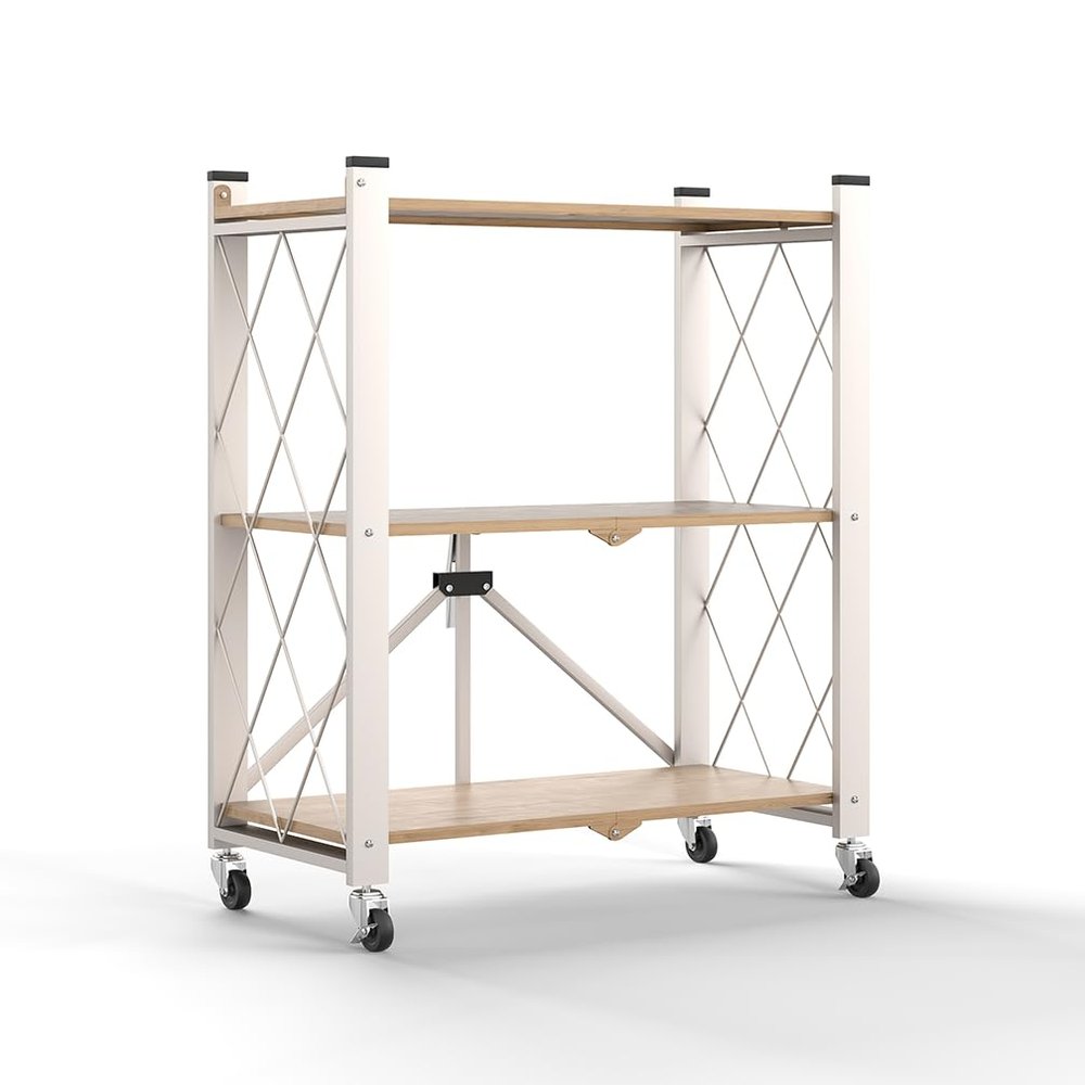 Hershii 3-Tier Foldable Storage Shelves with Wheels Heavy Duty Metal Shelf