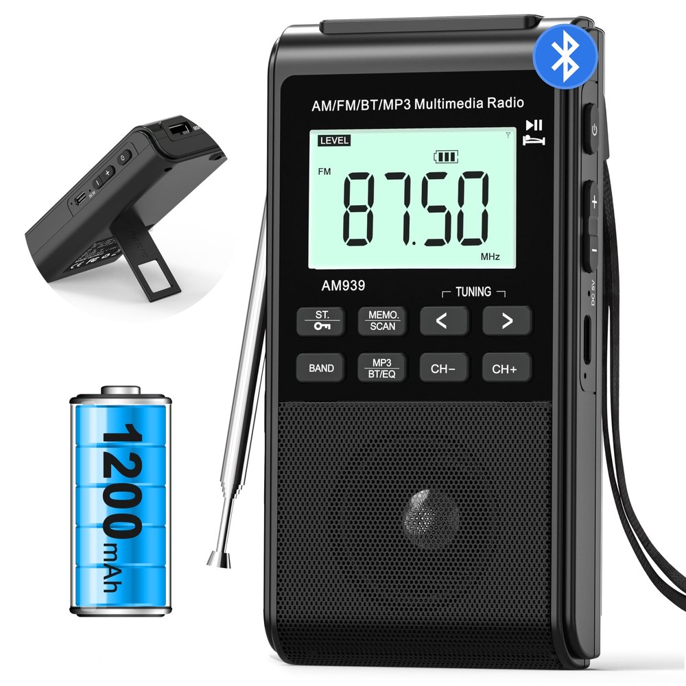 Pocket Radio with AM FM-1200mAh Rechargeable Radio-Portable Transistor Radio with Best Reception, Bluetooth Receiver,5W Big Speaker,LCD Screen,Earphone Jack,Support SD Card and USB Player for Jogging
